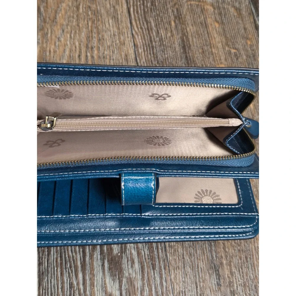 Boho Teal Blue Faux Leather Sunflower Bifold Wallet with Zip Pocket